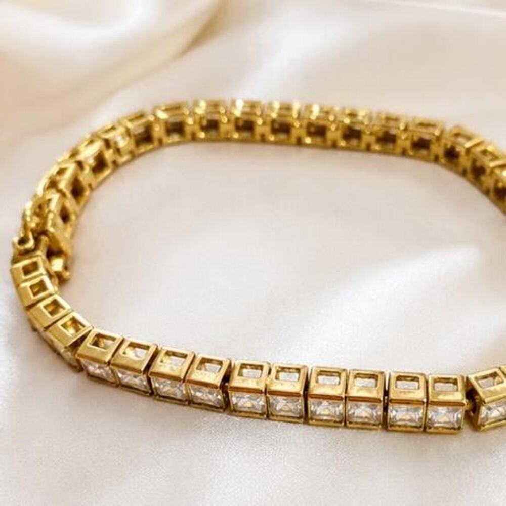 Vintage Vermeil Sterling Silver CZ Tennis Bracelet S925 Princess Cut CZ